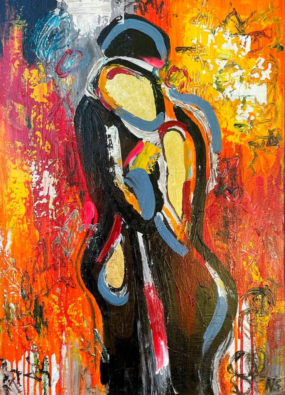 100% Handmade Oil Painting - Embrace in Flames: A Symphony of Color