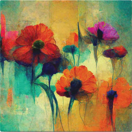 100% Handmade Oil Painting - Poppy Panorama: Twilight's Teal Embrace