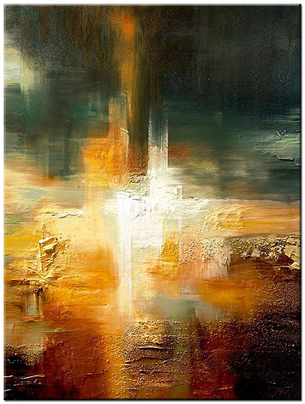 100% Handmade Oil Painting - Luminous Rift: Dawn's Embrace in Amber