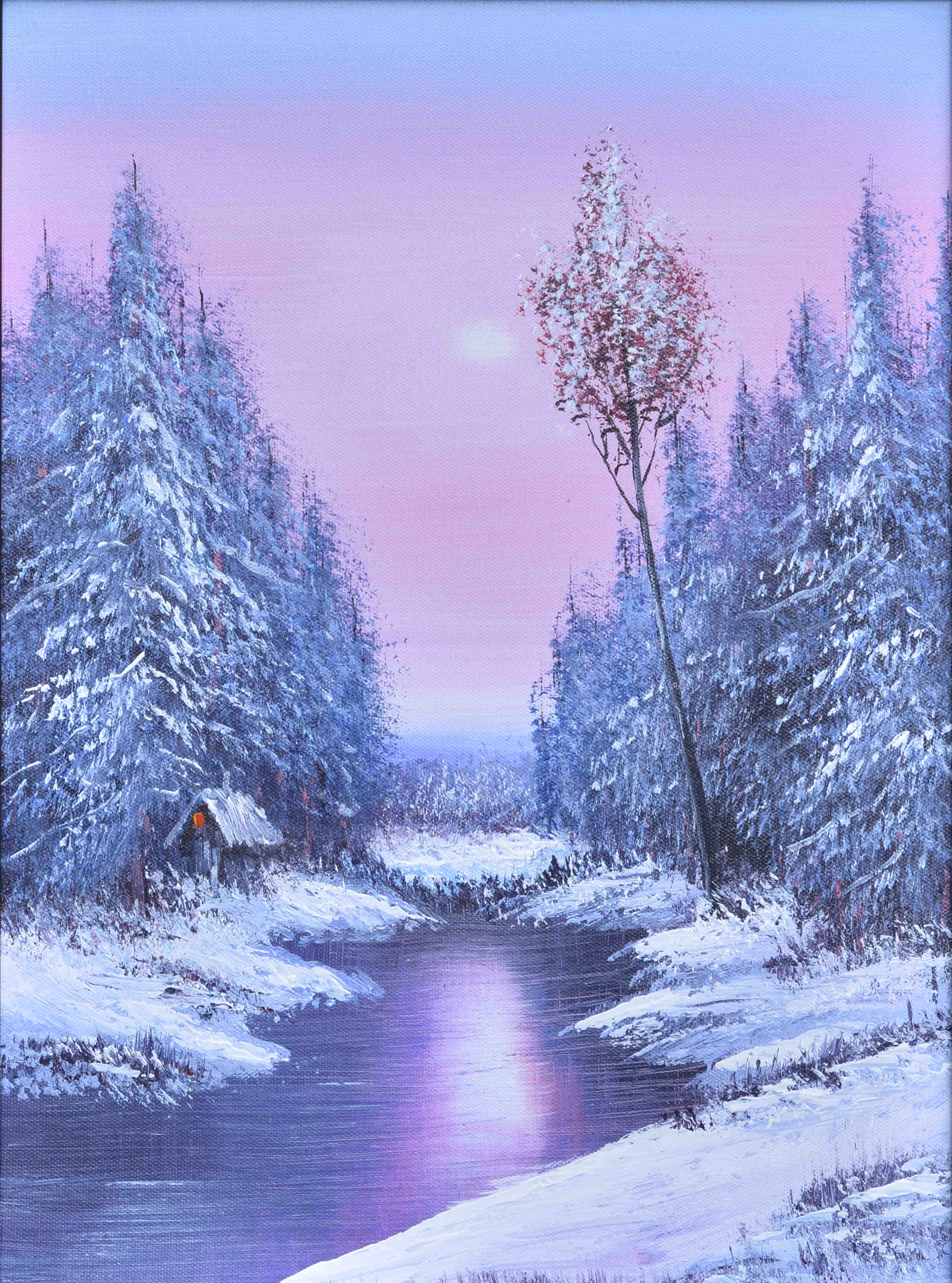 100% Handmade Oil Painting - Crimson Solitude in Winter's Embrace