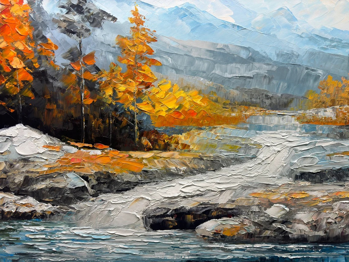 100% Handmade Oil Painting - Mountain Lake Scene